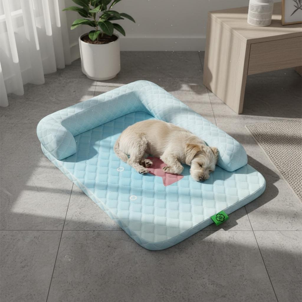 Dog Cooling Mat with Pillow Tear Resistant Cooling Dog Bed Supportive Pillow Pet Bed Breathable Quilted Pet Lounger Neck Support