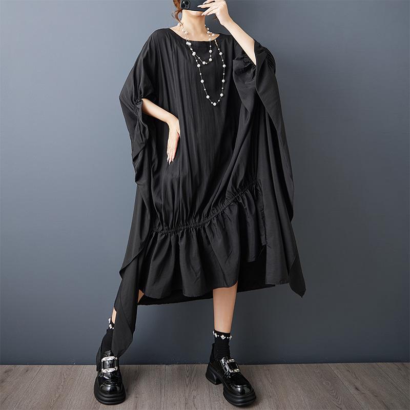 Summer Loose Fit Pleated Batwing Shirt Dress