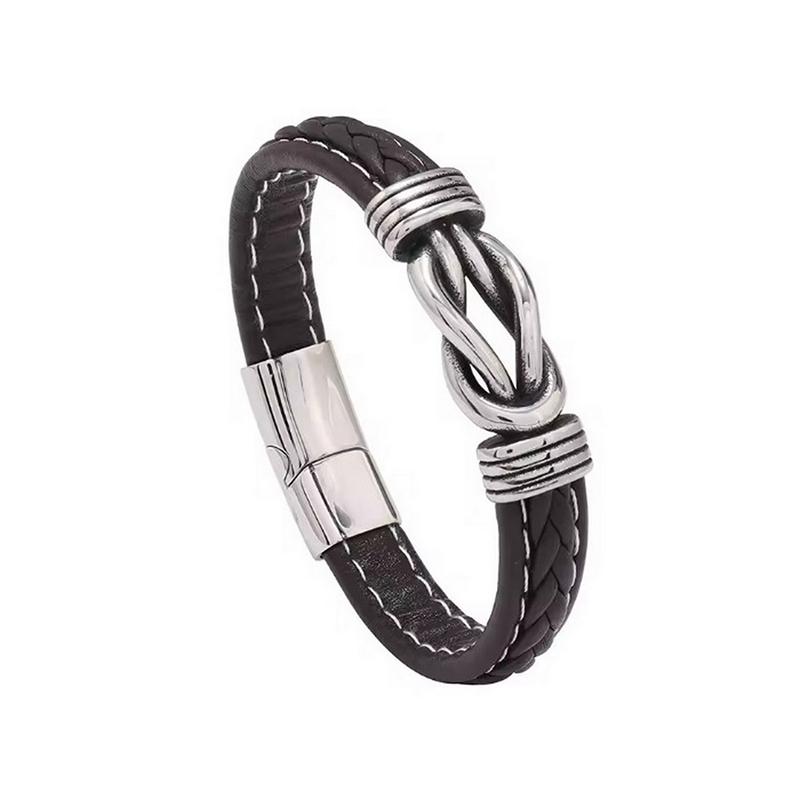Mens Stainless Steel Bracelet with Leather, Classic Business Jewelry with Chain Design, Gift for Men