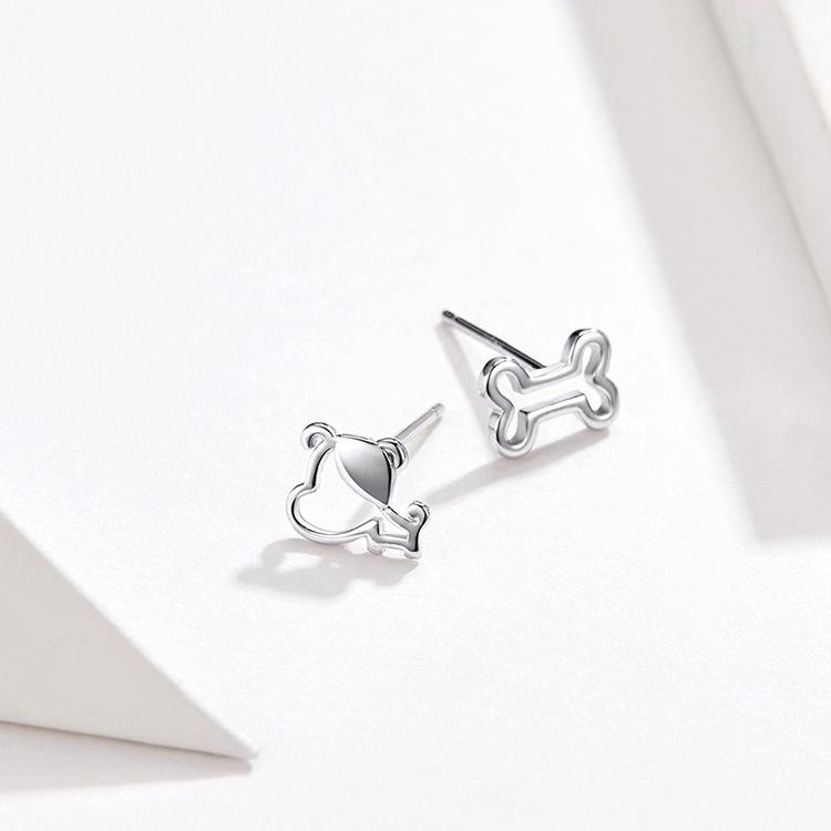 Sterling Silver Puppy and Bone Openwork Stud Earrings - S925 Fashion Jewelry