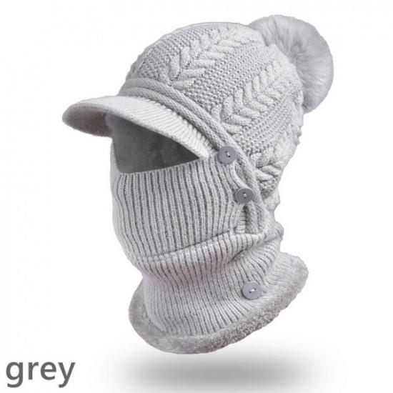 Lady Windproof Knitted Fleece Fur Lined Hat Warm Cap Face Neck Warmer Button Hat