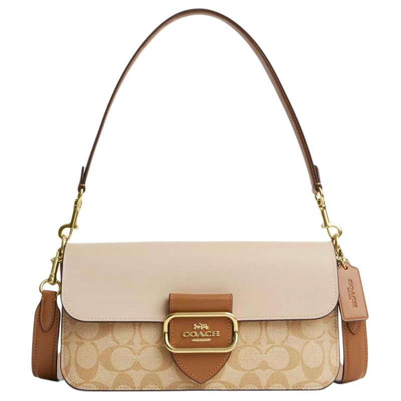 

COACH Morgan 27 Colorblock Signature Coated Canvas and Calfskin Hand Shoulder Bag Large Women s Light Khaki коричневий