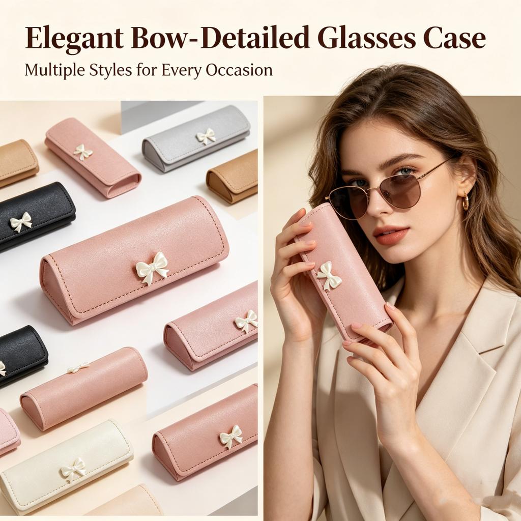 Boîte de rangement pour lunettes Étui à lunettes compact Contenant pour lunettes à nœud Étui à lunettes élégant en cuir PU pour les déplacements Cadeau pour étudiants