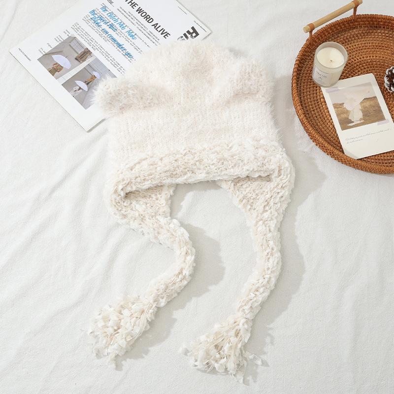Sweet and Cute Bear Ear Plush Warm Hat Winter Outdoor Plus Velvet Thickened Cold Hat Big Head Flange Hat
