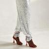 Women Pants Mid-rise Solid Color Sparkling Sequins Casual Trousers Wide Leg Stage Dance Pants