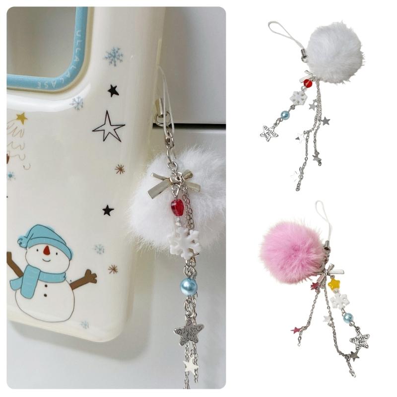 Fuzzy Balls Snowflake Star Bead Cellphone Strap Christmas Phone Lanyard Colorful Beaded Bag Charm Holiday Accessory