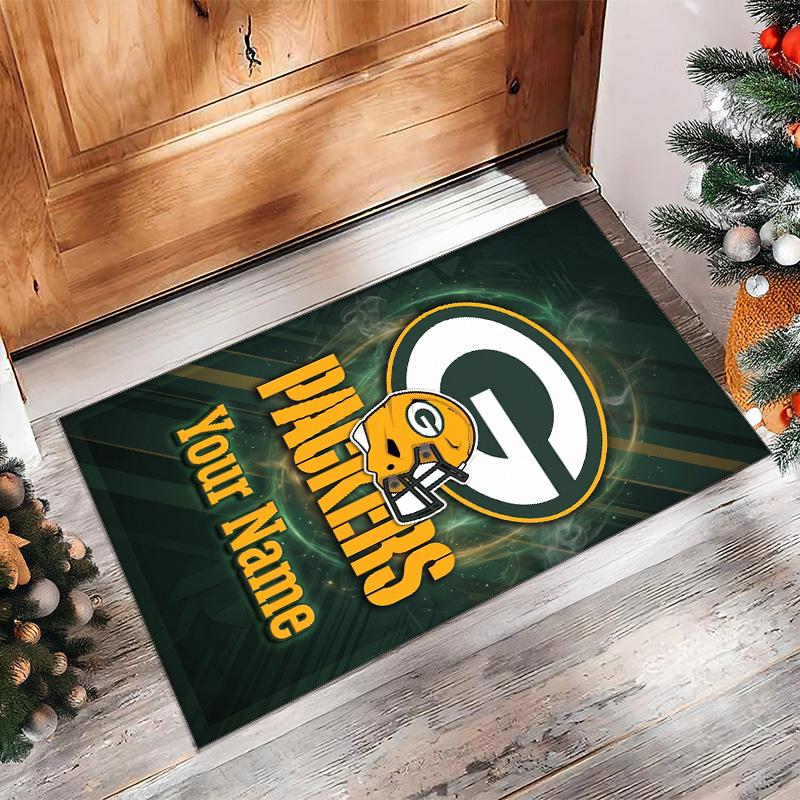 Green Bay Packers Crystal Velvet Rug, Custom Name Text Personalized Non‑Slip Floor Mat for Home Decor Gift