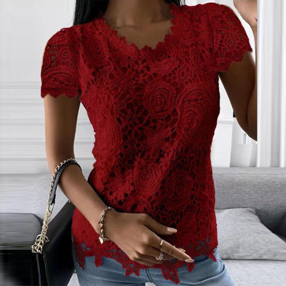 Plus Size Oversized Women Fashion Lace Round Neck Tops T-Shirt Ladies Summer Casual Short Sleeve Blouse Clothes For Female 2026