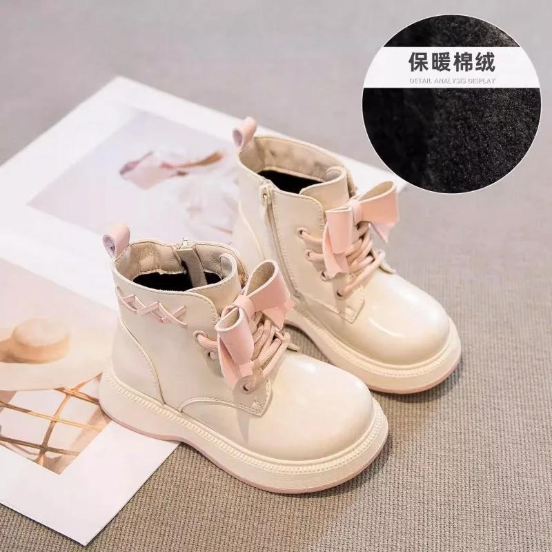 Princess Girl Boots Fashion Versatile Short Boot New Autumn Kids Shoes Shoelaces Velvet Sweet Girls Shoe Warm Velvet Ankle Boot