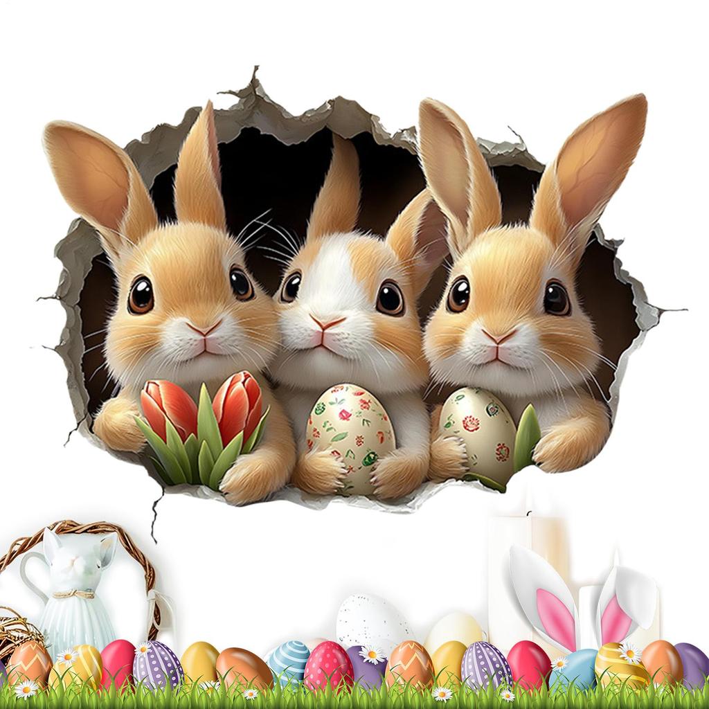 3D Hole Breaking Easter Bunny Sticker Cute PVC Self-Adhesive Ripped Easter Bunny Decals Easter Toilet Seat Wall Window Sticker