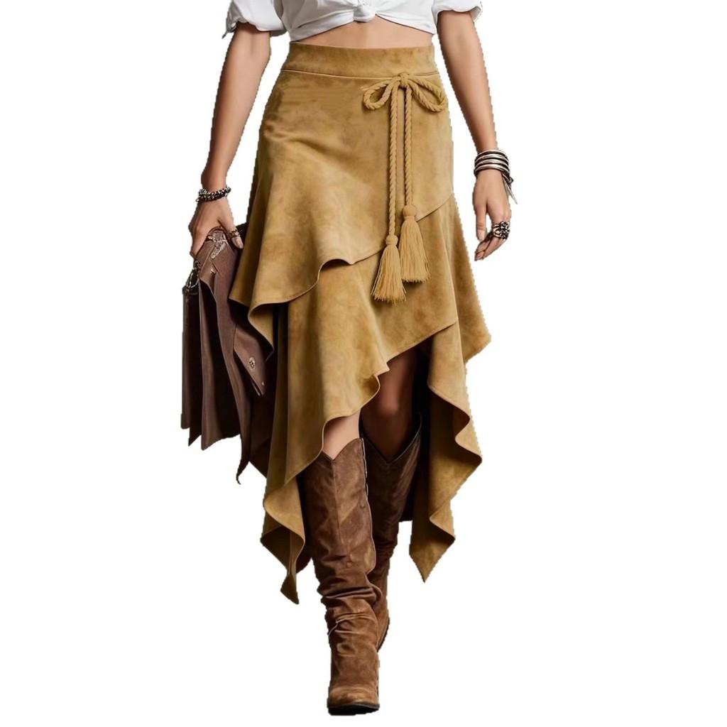 Polyester Aline Midi Skirt With Wrinkle Texture For Casual Travel And Dating