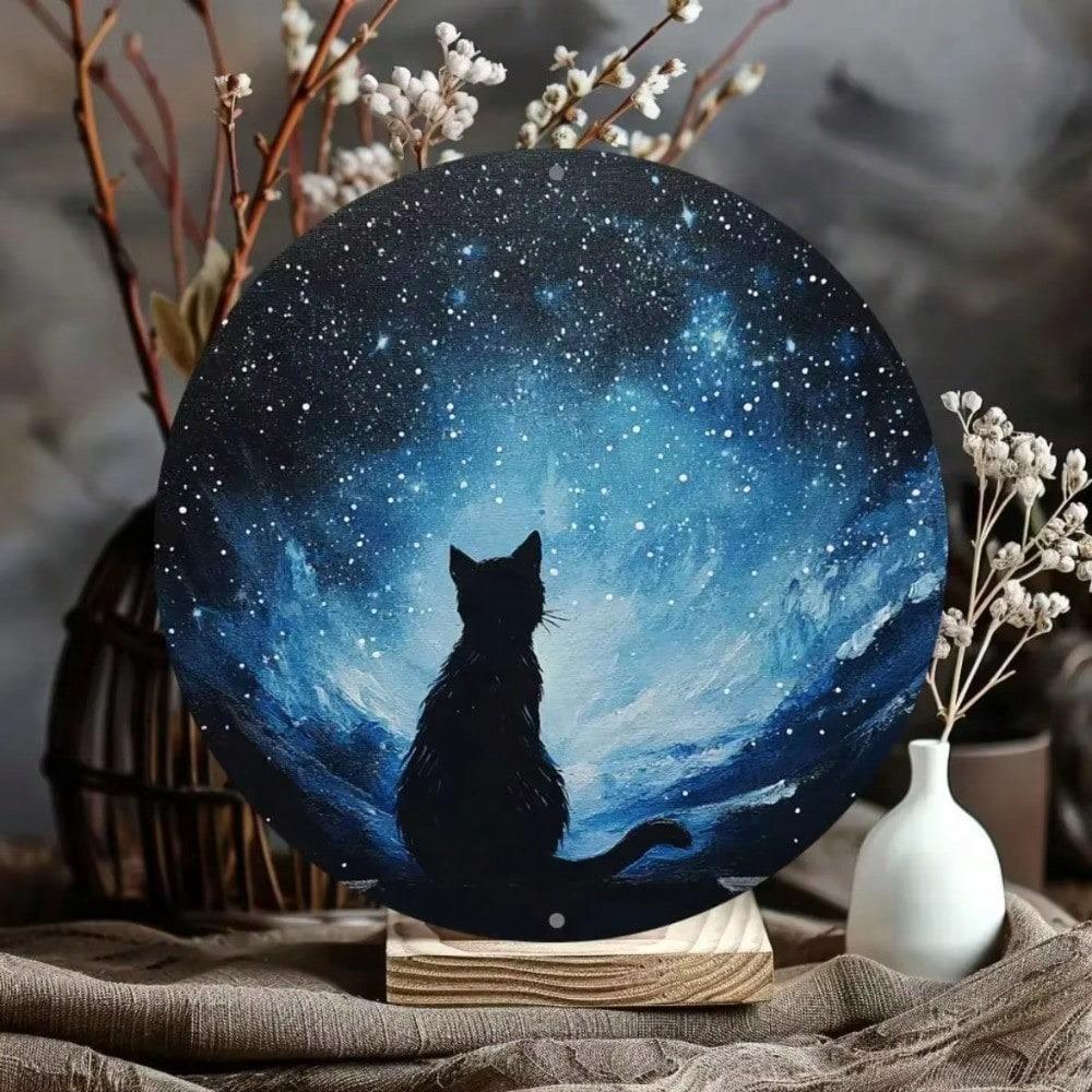 Vintage Round Cat Starry Sky Metal Wall Art Decor Home Cafe Office