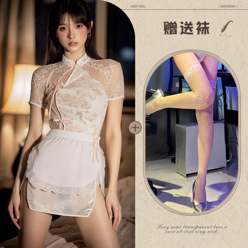 Sexy women's summer new Chinese lace temptation cheongsam uniform nightdress retro hollow back