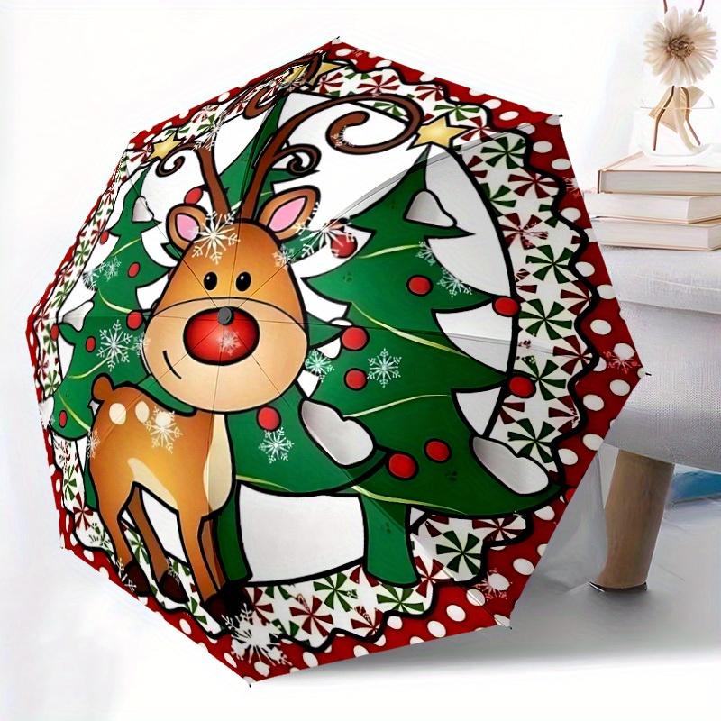 1pc Christmas, Reindeer Automatic Folding Umbrella - 8-Rib Iron Frame, Windproof, Portable Sunshade with Plastic Handle for Travel & Outdoor