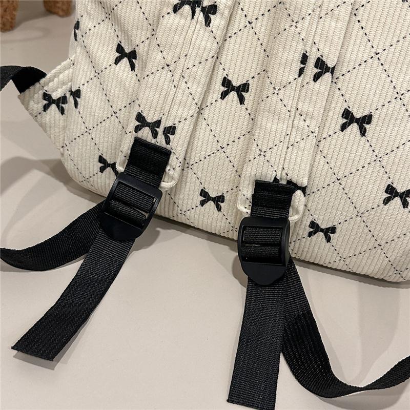 Cute Bow Print Corduroy Backpack for Women Casual Daypack Travel School Bag with Multi Pockets