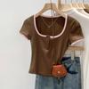 Women's Contrast Square Neck Short Sleeve Cropped T-shirt, Summer 2026 Style, Petite, Slimming, Pure Desire