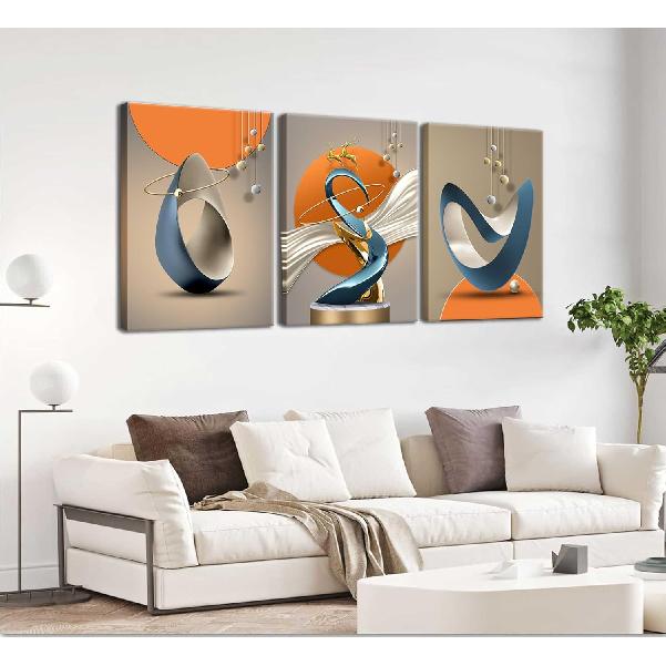 3 Pcs Bright Style Canvas Wall Art Modern Abstract Golden Deer Luxury Foil Lines Posters Prints White Blue Orange Color Grey Painting Pictures for