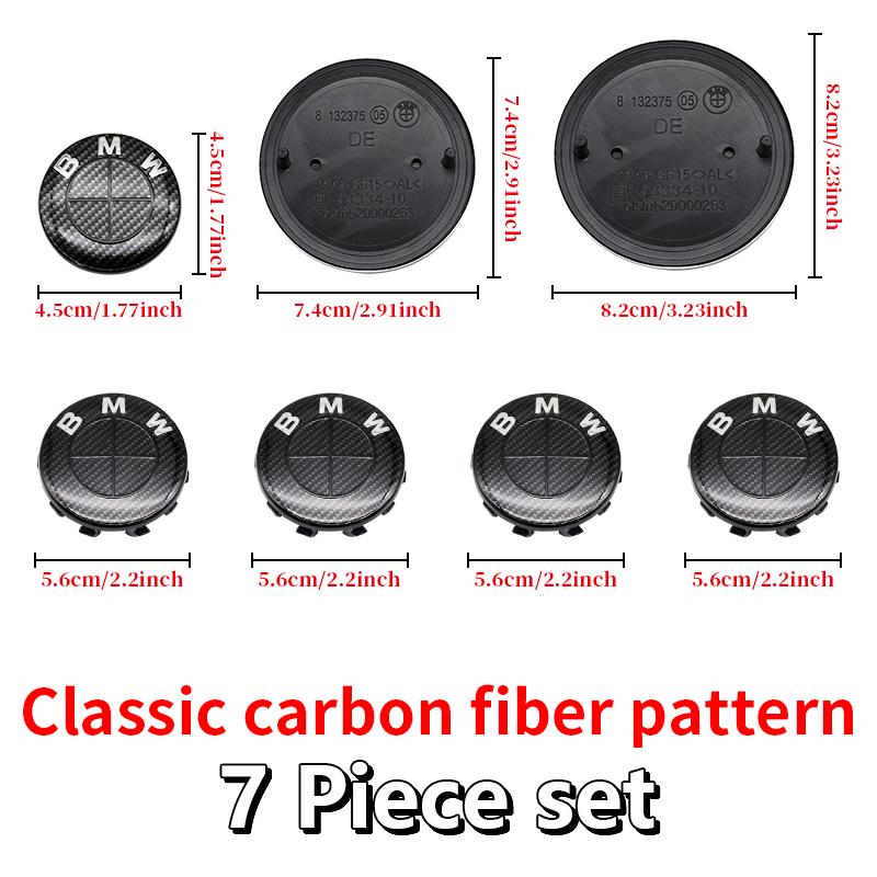 For BMW E46 82mm Hood F10 74mm Trunk Emblem 7Pcs Full Black Carbon Fiber Badge Set E90 68mm Wheel F30 Steering G20 X5 M4 Auto