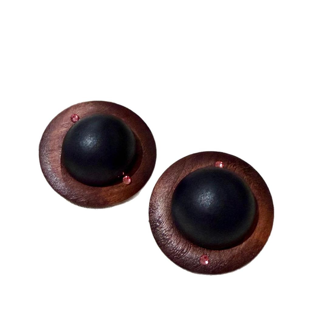 Retro Black Wooden Semi-Circular Stud Earrings with 3D Ball Design - European & American High-End Style.