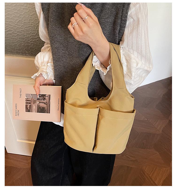 Korean Style Multi-Pocket Canvas Tote Bag with Large Capacity for Lunch or Shoulder Use
