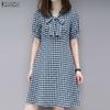 ZANZEA Women Bows Collar Summer Casual Short Sleeve Grid Print Dress