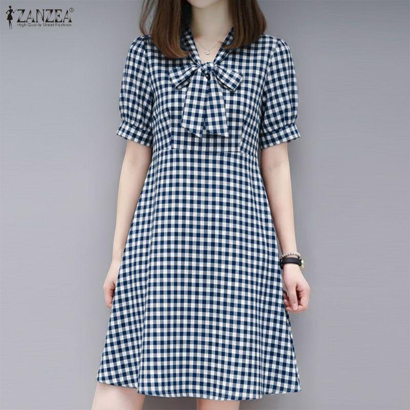 ZANZEA Women Bows Collar Summer Casual Short Sleeve Grid Print Dress