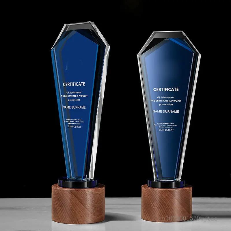 Customized Crystal Trophy, with Wooden Base, Creative Souvenir, Engraved, Award Honor Gifts, Commemorative, Home Decoration, 1Pc
