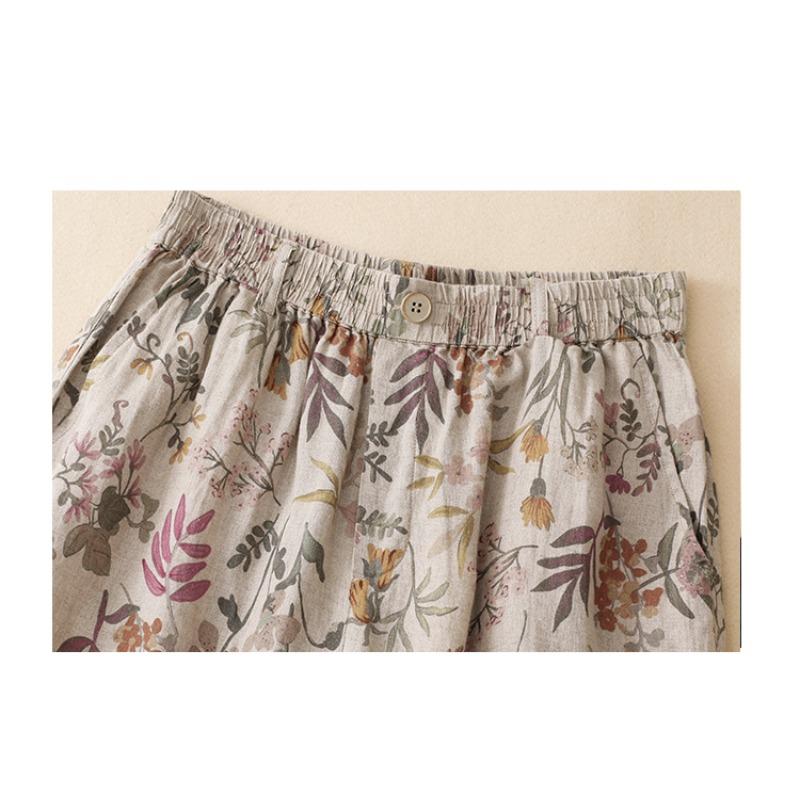 DIMANAF 2026 Summer New Plus Size Women Long Pants Cotton Linen Vintage Loose Elastic Waist Casual Lady Bottoms Print Floral
