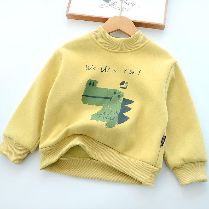 Kids' Fleece-Lined Dinosaur Sweatshirt, Autumn/Winter, Coral Fleece, Half-High Collar, Thickened Warm Top