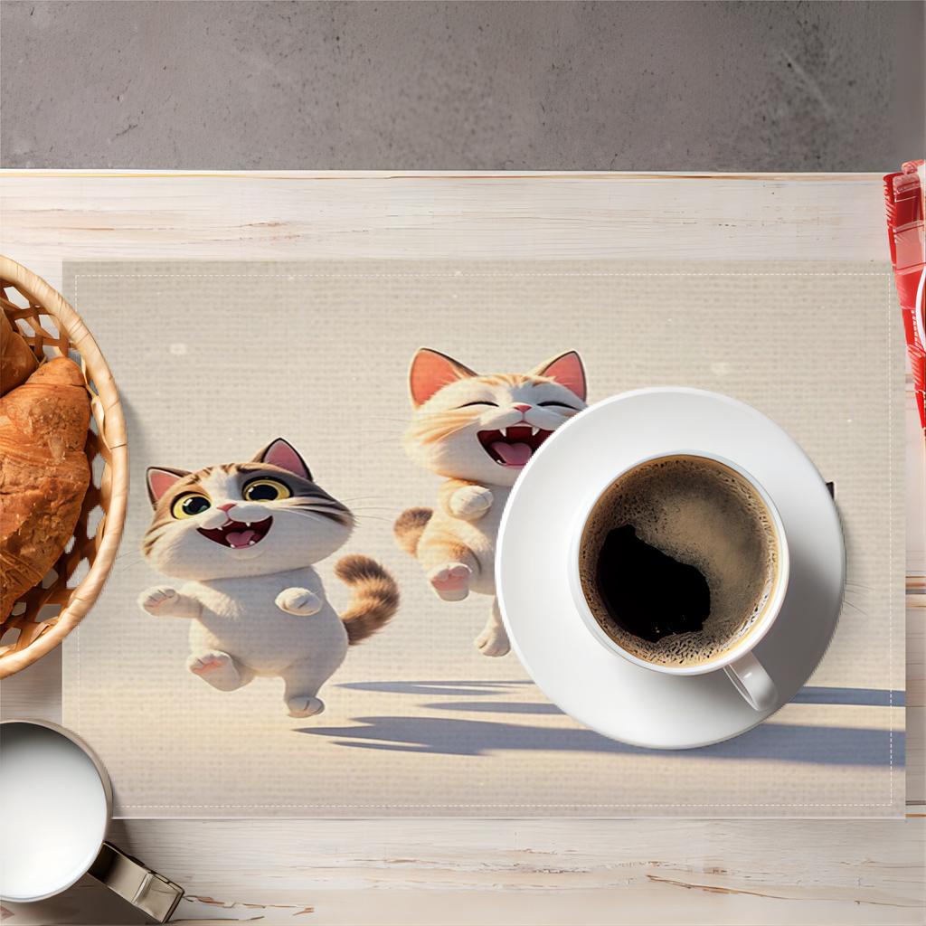 4/6/8pcs Fun Cat Print Linen Placemat, Rectangular Table Mat, Hand Washable, Home Decor Dining Room and Kitchen Mat Set