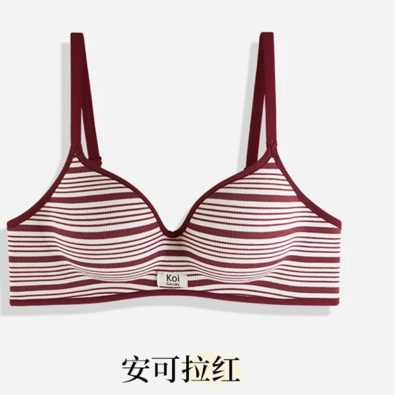 Red and White Striped Wireless Bra with Thin Straps and Small Logo