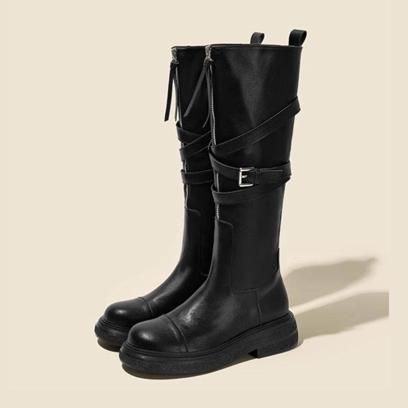 

Дизайнерские женские брюки с пряжкой, высокие сапоги, модная обувь в стиле панк, осень-зима, на плоском каблуке, женские длинные сапоги в рыцарском стиле D386 39