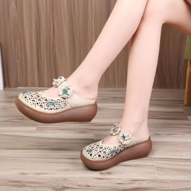 New Soft Leather Shoes for Women, Retro Wedge Heel, Toe Cap, Half-slipper, Hollowed-out Cool Slippers