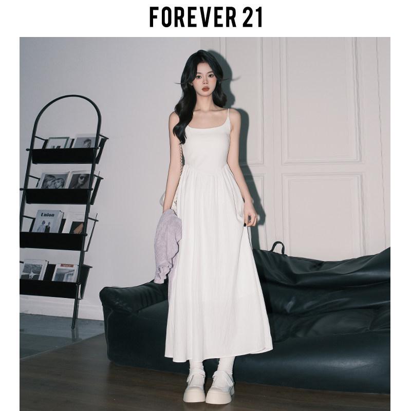Forever 21 Light Spring U-neck Spaghetti Strap A-line Dress for Women - Korean Style First Love White Dress Small