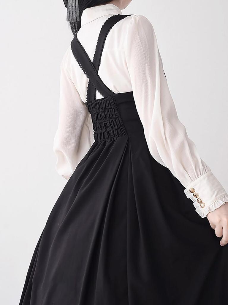 Gothic Lolita Blouse and Suspender Long Sleeves with Detachable French High Mori Girl Black and Size XL [XHSUKADO] 2-Piece Set Skirt, Ribbons, Girly,