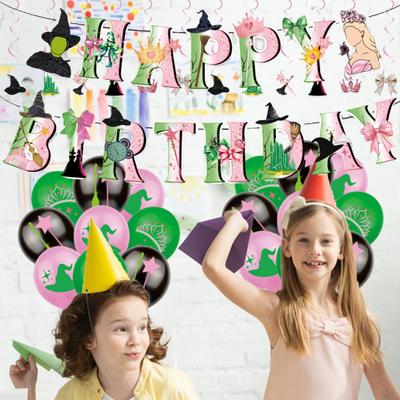 Green And Pink Wicked Theme Party Decoration 24 Cake Toppers 18 Balloons 1 Happy Birthday Banner 1 Large Cake Topper Set Birthday Party Supplies