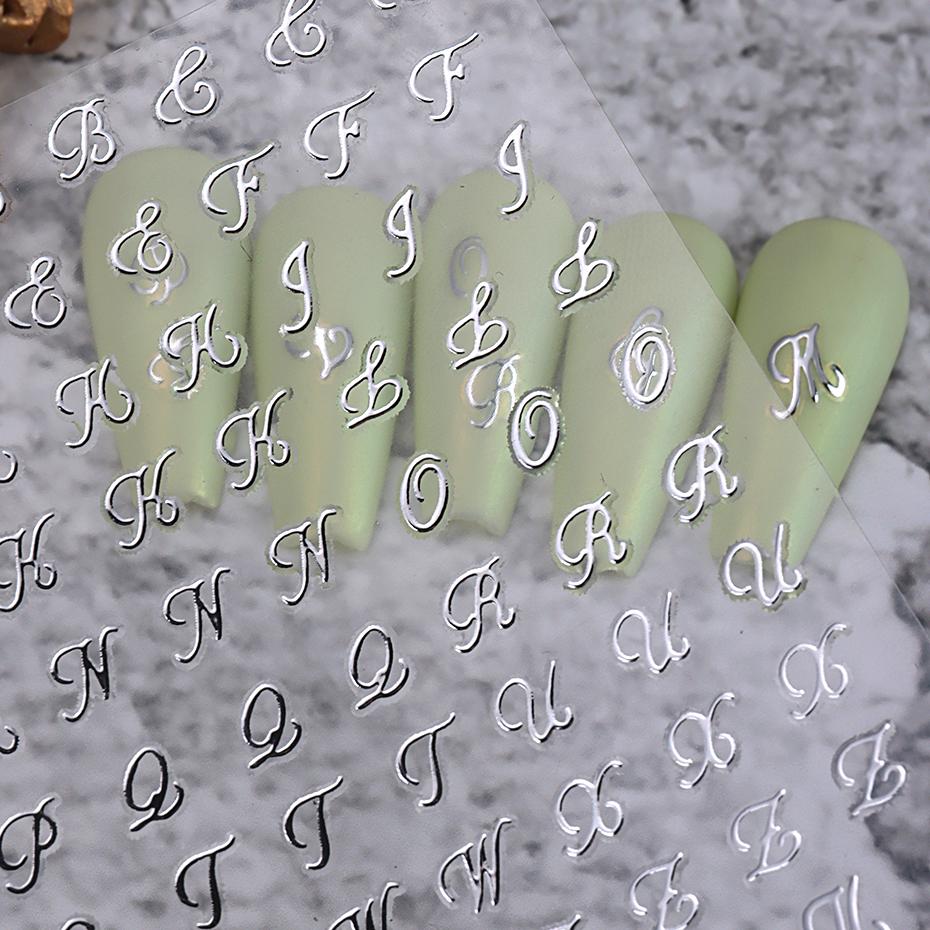 4pcs Roman Letter Nail Stickers Golden Silver Black White Alphabet Design Self Adhesive Decal English Words DIY Manicure Decor