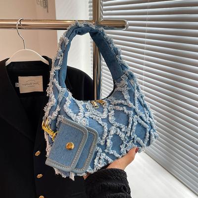 Fashion Small Denim Handbags for Women Korean Plaid Half Moon Zipper Design Underarm Bags Lady Shoulder Bag with Purses
