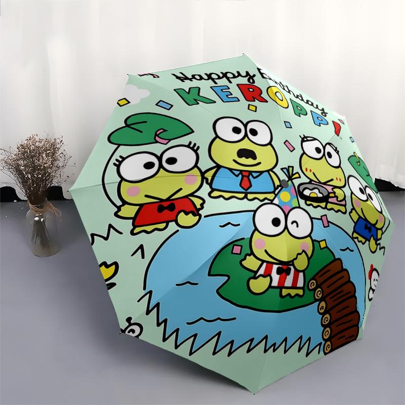 1pc Keroppi Frog Family Birthday Party Automatic Opening/Closing Umbrella - Portable Three-Fold Design with 8-Bone Iron Frame - Outdoor, Gift for Fans