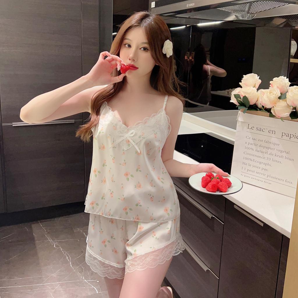 Sexy pajamas women's summer thin ice silk suspenders shorts lace new loungewear