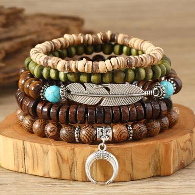 Einfaches und stilvolles böhmisches Feder-Halbmond-Holzperlenarmband Armband Schmuck
