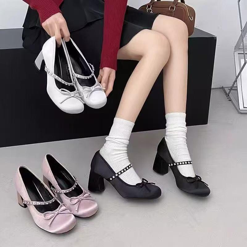 Fashion 2025High Heels Women's Spring/Autumn New Butterfly Knot Water Diamond Strap  Shoes Round Head  Jane Single Shoes