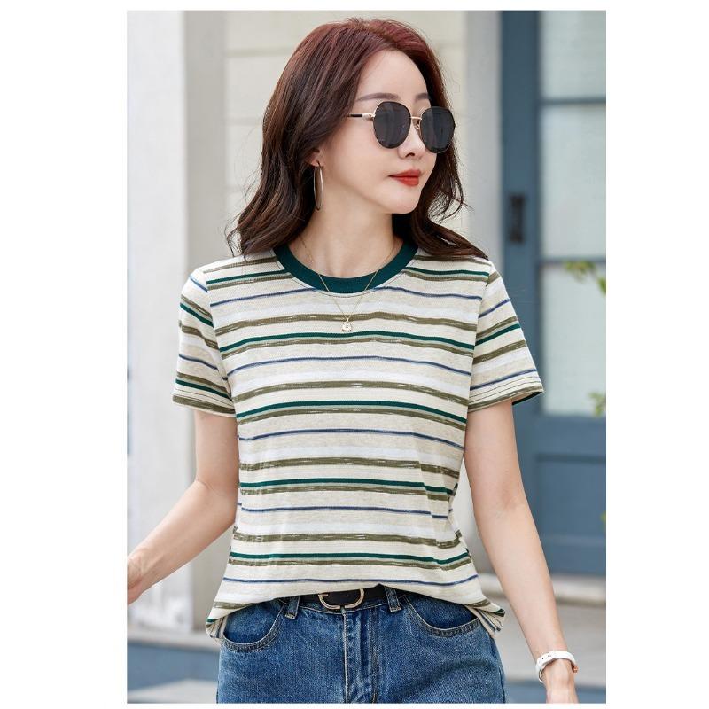 Women Multicolor Horizontal Stripe Crew Neck Short Sleeve Casual T Shirt