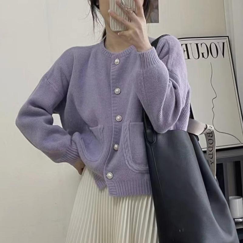 Autumn and Winter New Lazy Wind Loose Long-sleeved Knitted Cardigan Women's Round Neck Soft Waxy Sweater Jacket Top