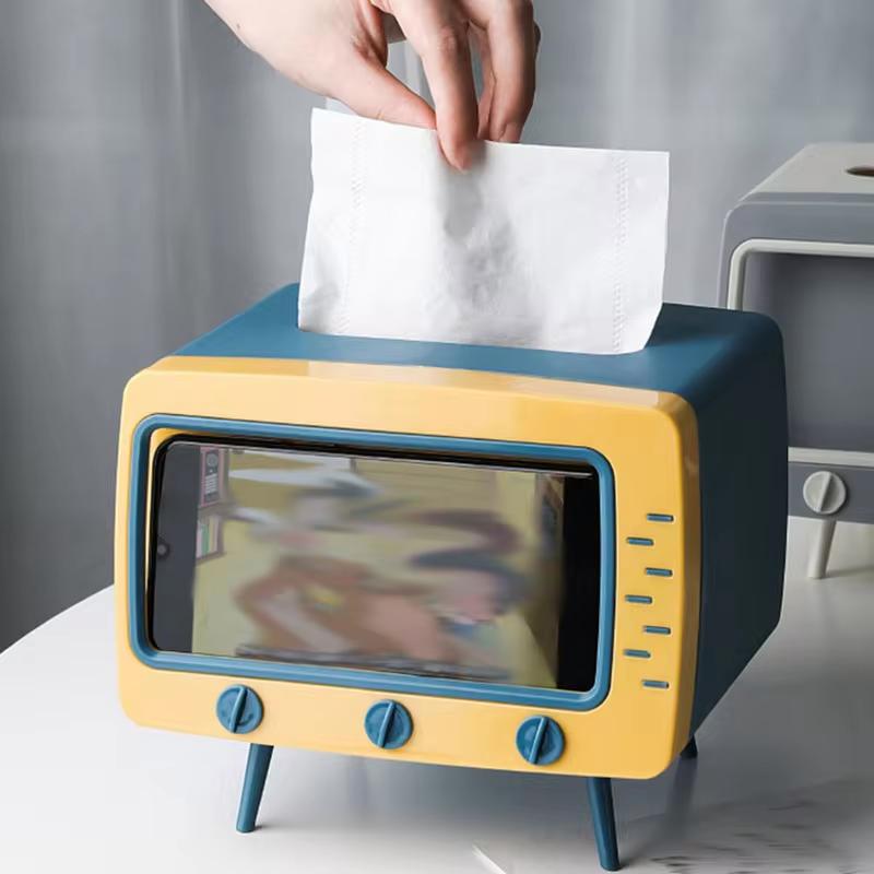 Desktop Paper Holder with Mobile Phone Stand TV Tissue Storage Case Creative Multifunctional Tissue Box for Bedroom Night Stand