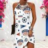 Women Plus Size Sleeveless Criss Cross Cutout Halter Neck Printed White Fitted Curved Hem Dress