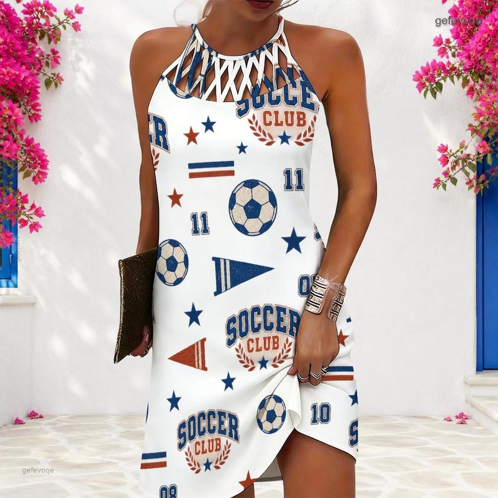 Women Plus Size Sleeveless Criss Cross Cutout Halter Neck Printed White Fitted Curved Hem Dress