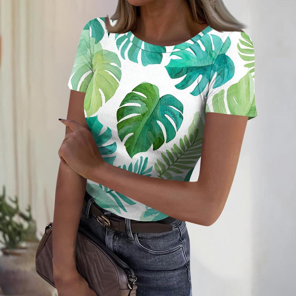 Women's Casual Fashion Round Neck Hawaiian Print Short Sleeve Ribbed Top