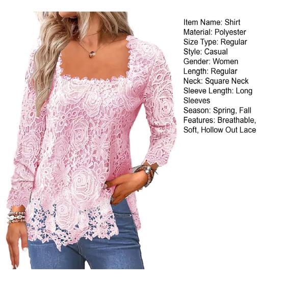 Camicia da donna primaverile con scollo quadrato scolpito in pizzo a maniche lunghe tinta unita T-shirt da donna pullover morbida e traspirante