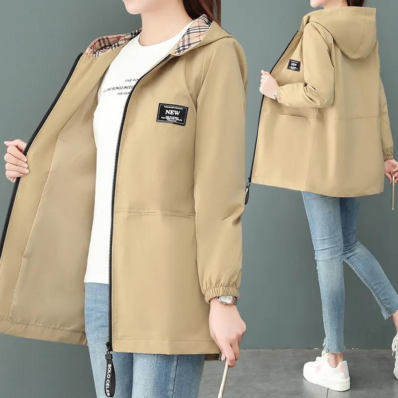 Spring Boutique Jackets Women's Hooded Parkas Windbreaker Hooded Two Side Wear Outwear Loose Plus Size